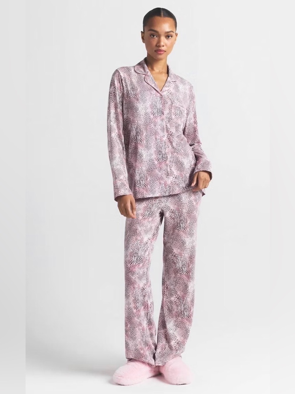SKIMS Sleep Long Sleeve Button Up Pajama Set in Bloom Mini Multi Animal print